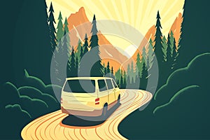 The minivan is driving along a winding forest road. Mountain landscape. Sunset. Vector flat illustration. Van life. Travel by car