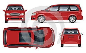 Minivan vector mockup. Isolated vehicle template side, front, back, top view