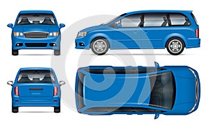 Minivan vector mockup. Isolated vehicle template side, front, back, top view