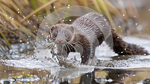 A mink dashes through the waistdeep water searching for any remaining dry land in its nowsaturated marsh home. Its sleek