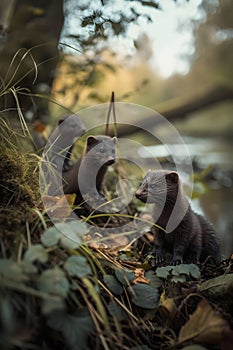 Mink family in the forest with setting sun shining.