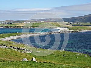 Minn beach, or Bannaminn beach, a stunning tombolo in the Shetland islands. Scotland
