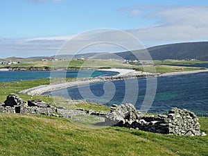 Minn beach, or Bannaminn beach, a stunning tombolo in the Shetland islands. Scotland