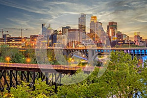 Minneapolis downtown skyline in Minnesota, USA at sunset