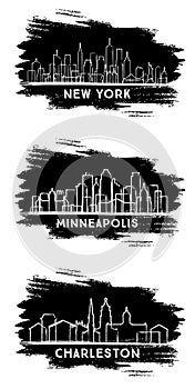 Minneapolis Minnesota, Charleston South Carolina and New York USA City Skyline Silhouette set