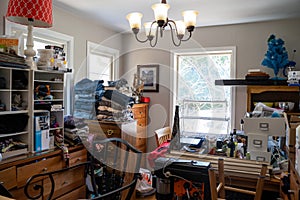 Overcrowded residential kitchen in a home filled with junk. Concept for hoarding house,