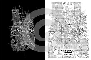 Minneapolis, Minnesota, United States street map city centre for poster. High printable detail travel vector map.