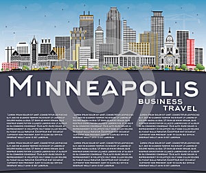 Minneapolis Minnesota USA Skyline with Color Buildings, Blue Sky