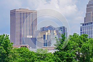 Minneapolis skyline in the summer in Minnesota with green trees