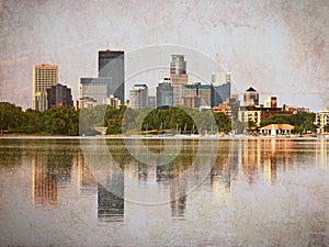 Minneapolis Skyscrapers Reflecting in Lake Calhoun with Vintage Effects