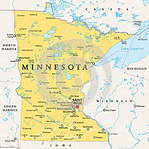 Minnesota, MN, political map, US state, nicknamed Land of 10,000 Lakes