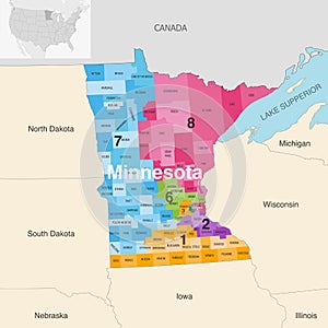 Minnesota state counties colored by congressional districts vector map with neighbouring states and terrotories