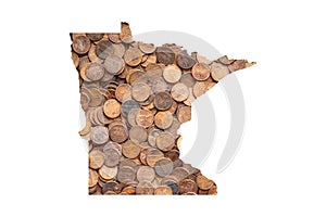 Minnesota State Map Outline and United States Money Concept, Piles of Coins, Pennies