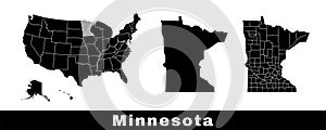 Minnesota state map, USA. Set of Minnesota maps with outline border, counties and US states map. Black and white color