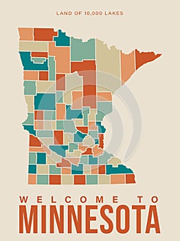 Minnesota tourist vector poster with landscapes, sightseeing in flat vintage style. Map of Minnesota