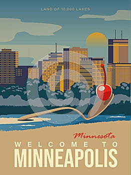 Minnesota tourist vector poster with landscapes, sightseeing in flat vintage style. Welcome to Minneapolis