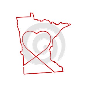 Minnesota US state red outline map with the handwritten heart shape. Vector illustration