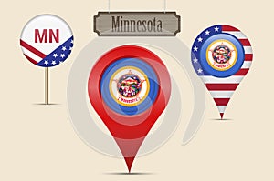 Minnesota US state round flag. Map pin, red map marker, location pointer. Hanging wood sign. Vector illustration