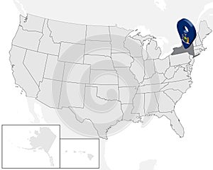 Location Map of  State New York on map USA. 3d State New York flag map marker location pin. High quality map of  New York State.