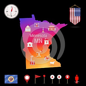 Minnesota Vector Map, Night View. Compass Icon, Map Navigation Elements. Pennant Flag of the USA. Industries Icons