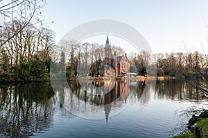 Minnewater Park Lake of Love winter panoramic view, Bruges, West Flanders, Belgium