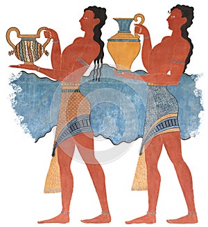 Minoan figures mural wall painting fresco ancient Crete Greece, isolated