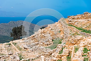 Minoan site of Azoria on a double peaked hill overlooking the Gulf of Mirabello in eastern Crete, Greece