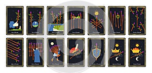 Minor arcana wands tarot cards. Alchemy occult deck with king, queen, knight, page and ace card. Will suit vector