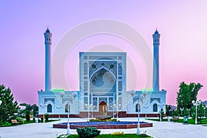 The Minor Mosque covered with white marble in the center of Tashkent at sunset.