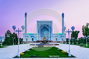 The Minor Mosque covered with white marble in the center of Tashkent at sunset.