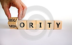 Minority or majority symbol. Businessman turns a cube and changes the word `minority` to `majority`. Beautiful white backgroun