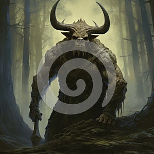 Minotaur In Haunted Forest: A Textural Realism Artwork By Ken Kelly photo