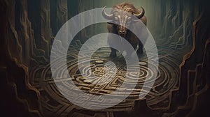 Minotaur in a labyrinth Fantasy concept , Illustration painting