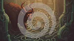 Minotaur in a labyrinth Fantasy concept , Illustration painting