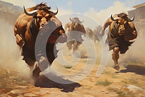 Minotaur myth illustration running battle. Generate Ai