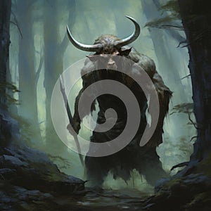 Minotaur\'s Haunted Forest: Dark Palette Realistic Genre Painting