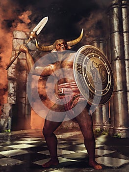 Minotaur with a shield and spear