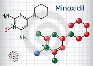 Minoxidil molecule. It is an antihypertensive vasodilator medication, is used to treat hair loss.. Structural chemical formula