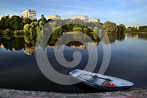Minsk, Belarus 07/24/2020: pond in the city park Solnechnaya Dolina in the Kurasovshchina microdistrict