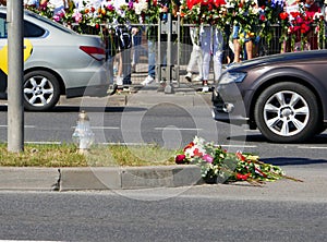 Minsk Belarus - 08.15.2020: Peaceful street protest against Lukashenko dictator. Flower memorial of the murdered