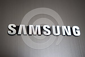 Minsk, Belarus - April 14, 2018: Samsung logo. South Korean multinational electronics company.