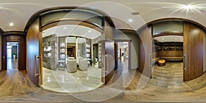 MINSK, BELARUS - AUGUST 2017: full seamless panorama 360 angle view in elite vip bathroom and wardrobe in loft hotel. Spherical