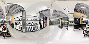 MINSK, BELARUS - DECEMBER 3, 2013: full 360 degree panorama in equirectangular spherical projection in shop of stylish shoes, VR