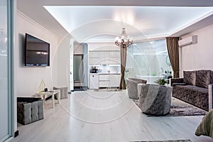 MINSK, BELARUS - January, 2019: luxure hall interior loft flat apartments