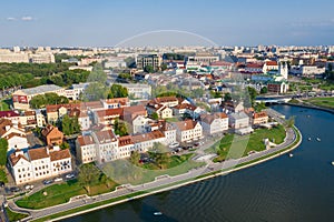 MINSK, BELARUS - JULY 2019: Aerial View, Cityscape Of Minsk, Belarus. Summer Season, Sunset Time. Panorama Of Nemiga District