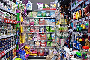 MINSK, BELARUS - June 29, 2020: Pet store. A variety of pet products, feed, toilet fillers, toys and various accessories on store