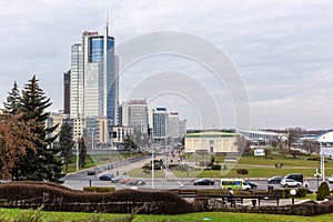 Landscape of Upper City Minsk with financial district, BSB Bank buildings and Sport Palace, Belarus.