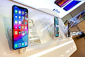 Minsk, Belarus, March 13, 2019: Apple iPhone XS max smartphone stands on display inside an Apple Store