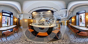 MINSK, BELARUS - MARCH, 2019: Full spherical seamless hdri panorama 360 degrees angle view inside interior of shop restaurant with