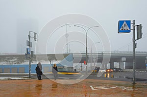 Road junction in fog